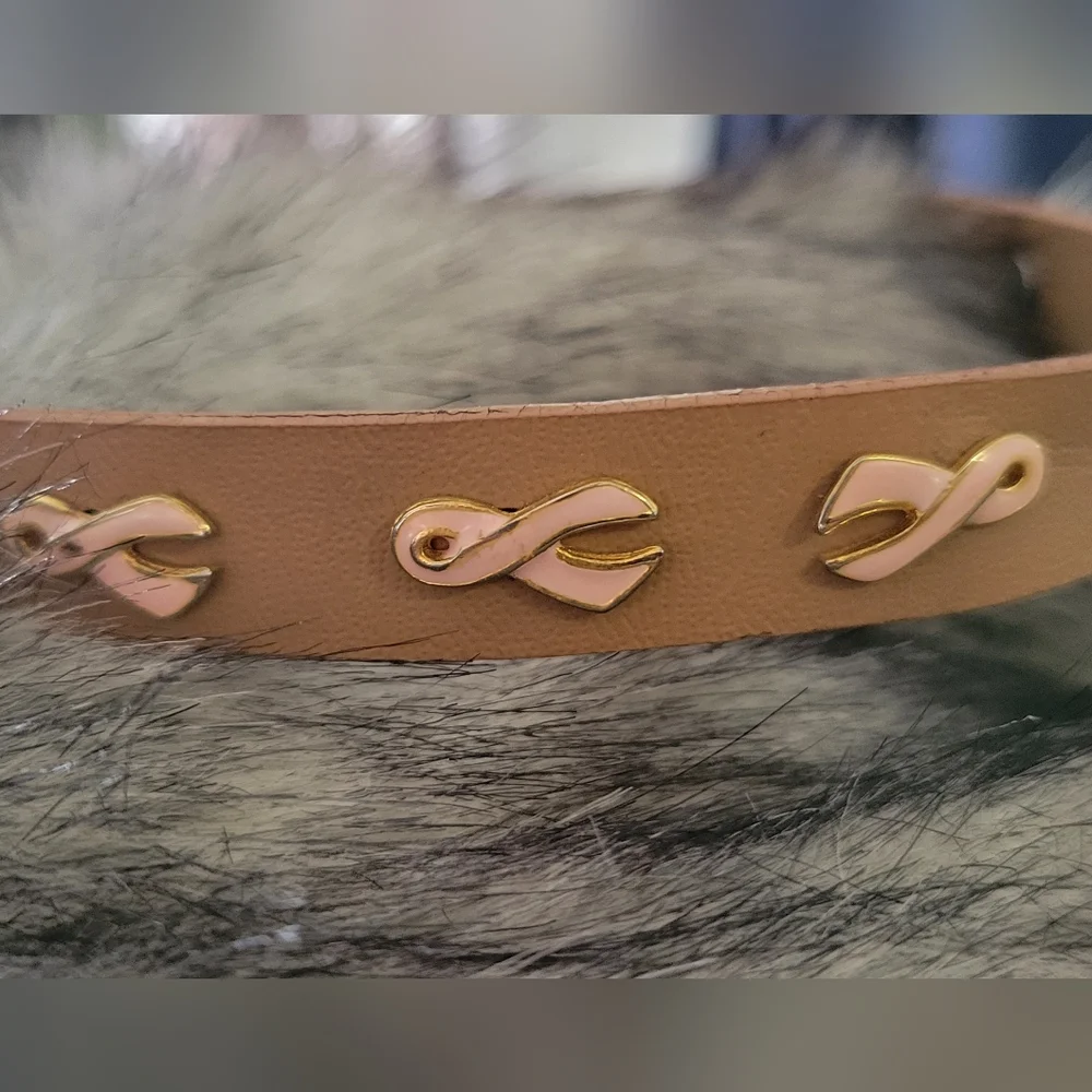 Dog collar, brown leather, breast cancer logo, 18